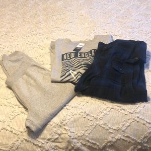 Patriots sweatshirt grey w black. XL. New w tags. Bonus: flannel & sweatpants